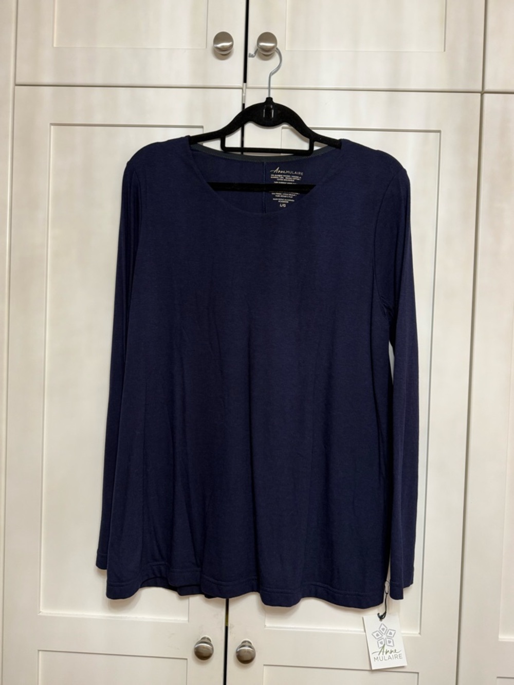 Anne Mulaire Navy Blue Long Sleeve Scoop Neck Bamboo Top